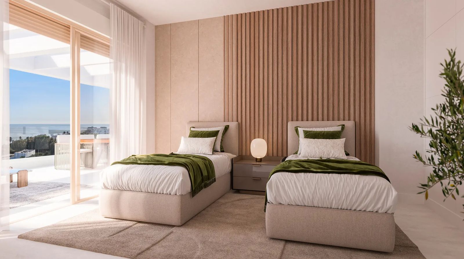 Elegante dormitorio con vista al mar y balcón en Celestia Homes.
