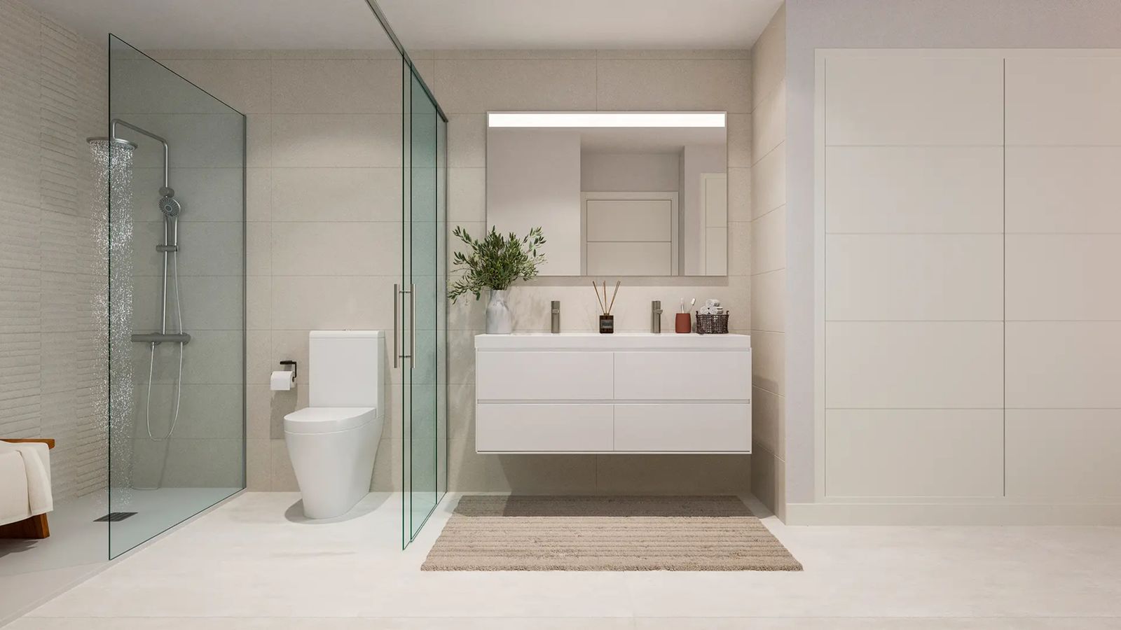 Baño moderno con ducha a ras de suelo y mueble de baño blanco