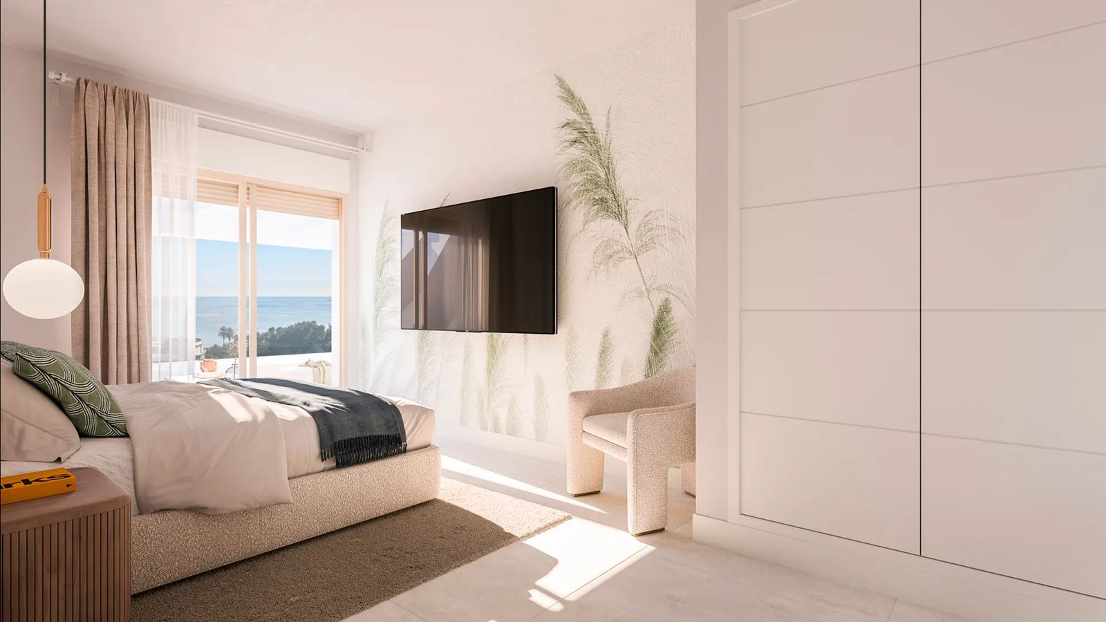 Dormitorio con vistas al mar en Celestia Homes.