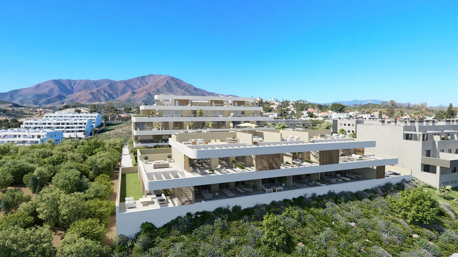 Vista exterior de Celestia Homes con fondo de montaña.