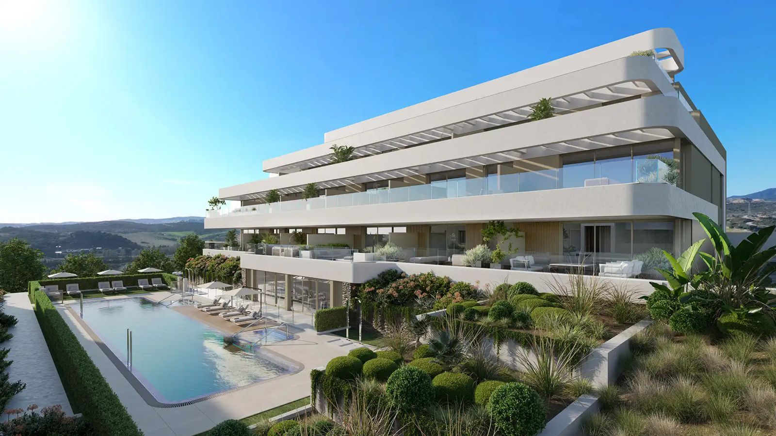 Celestia Homes: Vista de apartamentos de lujo y piscina.